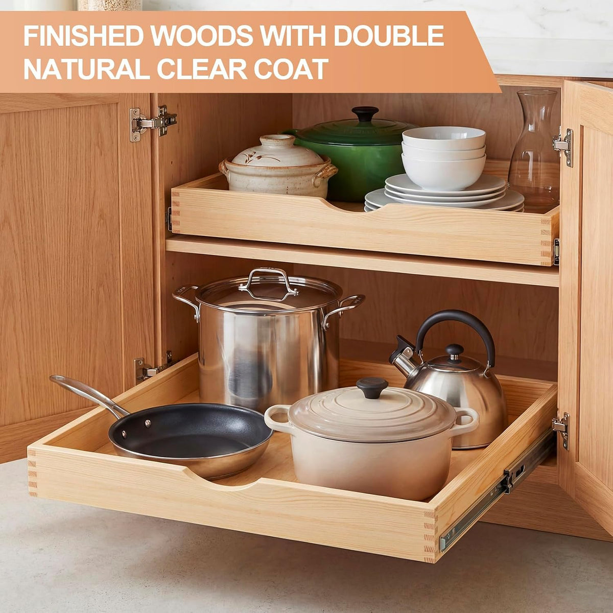 Menkxi 2 Set Wood Pull out Cabinet Organizer, Wood Color, 27'' X 21'' X 3"