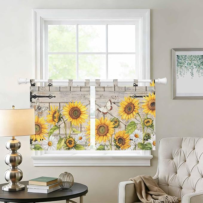Farm Flowers Kitchen Curtains 24 Inch Length, Small Window Curtains Tab Top