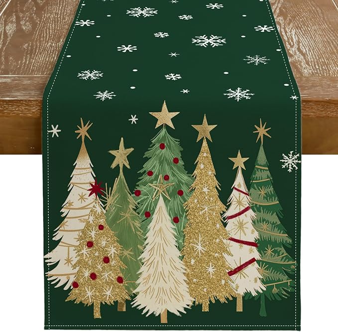 Christmas Table Runner 13x120 Inch, Xmas Trees Snowflakes Holiday Decorative