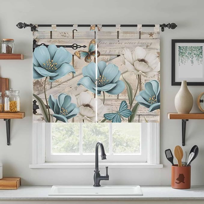 Teal Blue Tulips Bedroom Curtains 63 Inch Length, Window Curtains Tab Top