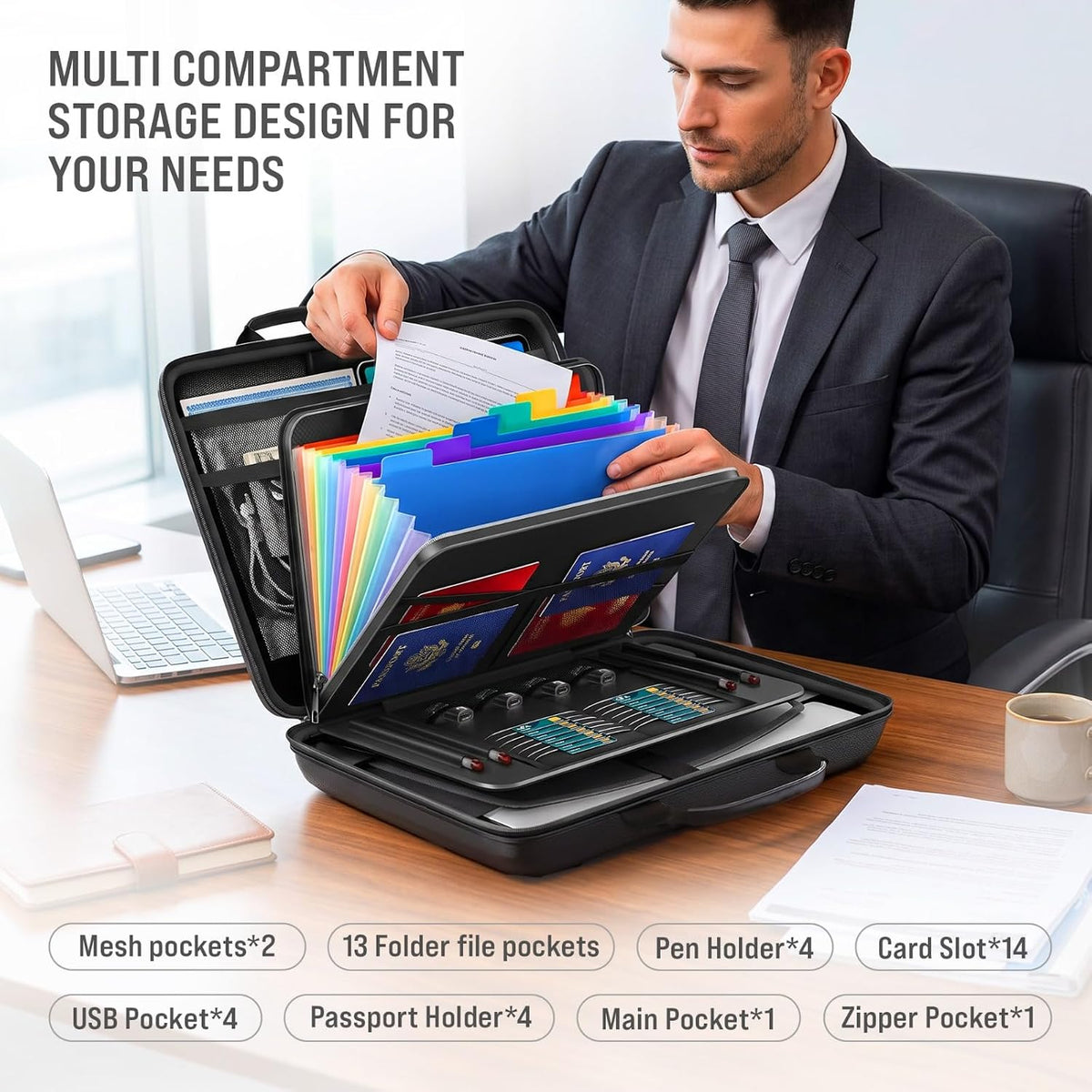 Fireproof Document Bag with Lock & Waterproof File Organizer, Portable Safe Box with 13 Pockets Accordion File Folder, Combination Lock Bag with Handle, Hard-Rubber Briefcase for Home, Office & Travel