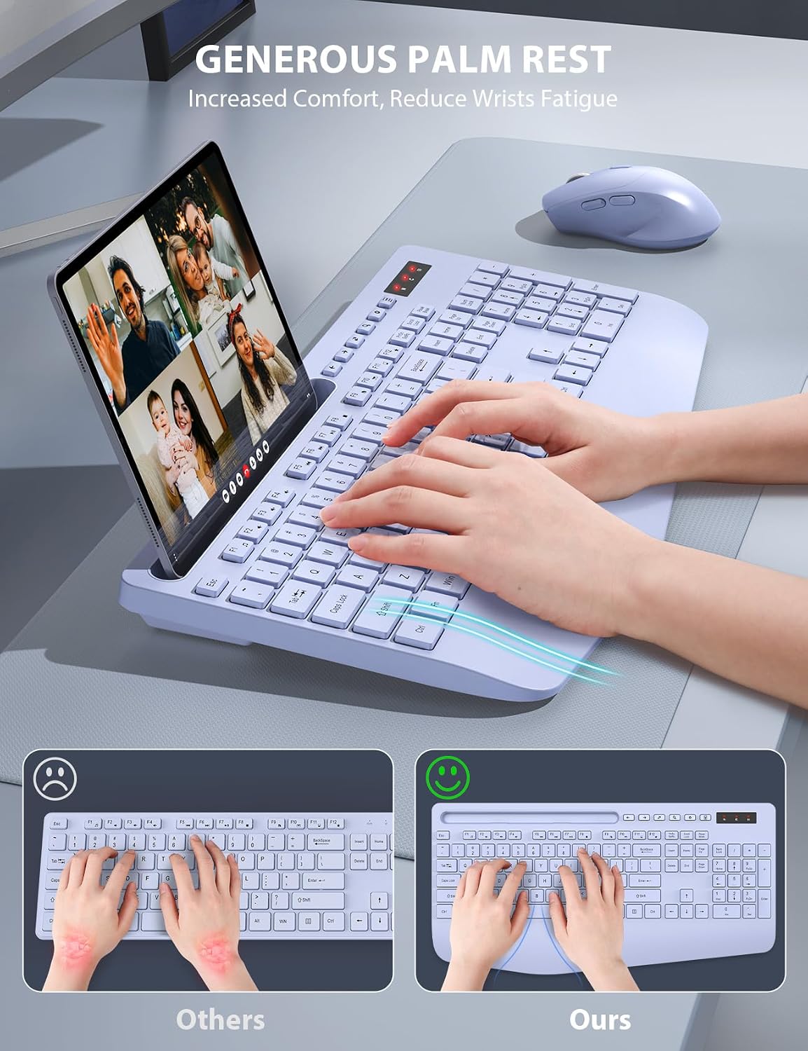 Wireless Keyboard and Mouse Combo - Full-Sized, Ergonomic Wrist Rest (Purple, 1 Pack)