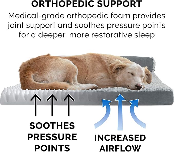 FurHaven Orthopedic Dog Bed & goDog Toy - Squeaky Plush Monkey with Moving Arms and Chew Guard Technology for Large Dogs - Two-Tone Plush Faux Fur & Suede L Shaped Chaise - Stone Gray, Jumbo/XL