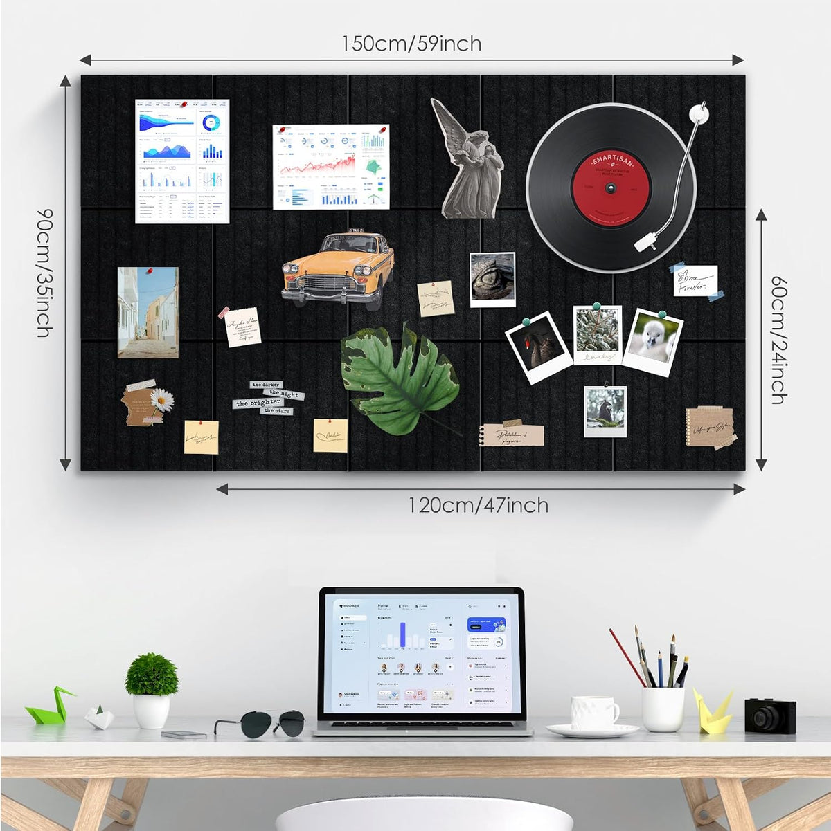 Large Bulletin Board 59" X 36" Cork Boards for Wall Alternative 15 Pack Black Fine-Stripe Felt Bulletin Board 96 Safe Adhesive 35 Push Pins for Office School Home Room Decor