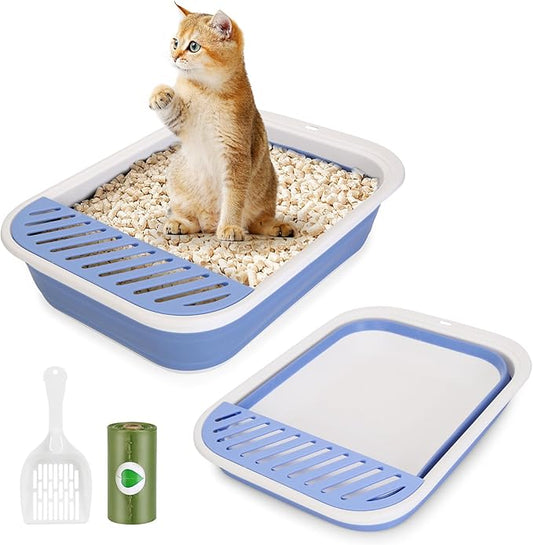 Collapsible Kitten Litter Box, ShineMe Open Top Small Cat Litter Box with Scoop and Litter Bag, Anti-Splash Waterproof Kitty Toilet Potty Pan for Sick Frail Cat 17" x 13.5", Blue
