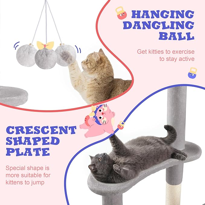 Allewie 55.5 in Cat Tree for Indoor Kitties/Soft Plush Perches/Multi-Level Cat Tower/Sisal Scratching Posts/Crescent Plates/Round Jumping Board/Hanging Ball/Pet Activity Center/Grey