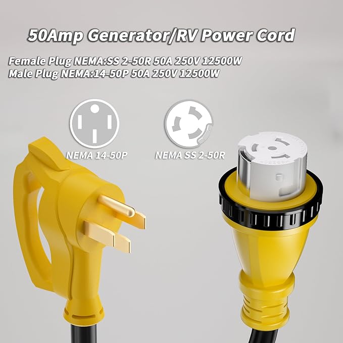 50 Amp Generator Cord, 50FT 50 Amp RV Extension Cord with Twist Lock, Generator Cable 50A 4 Prong Yellow, NEMA 14-50P/SS2-50R Heavy Duty STW Wire for RV Camper & House