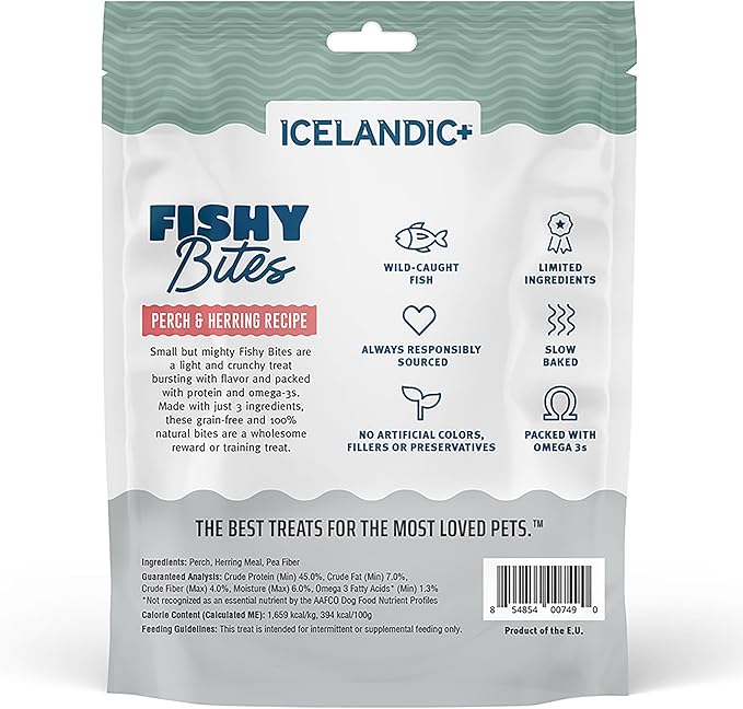 Icelandic+ Fishy Bites: Perch & Herring - 2oz - Dog Treats, Crunchy Mini Snacks, 3 Ingredient Pet Rewards, Preservative Free, Slow Baked, Natural