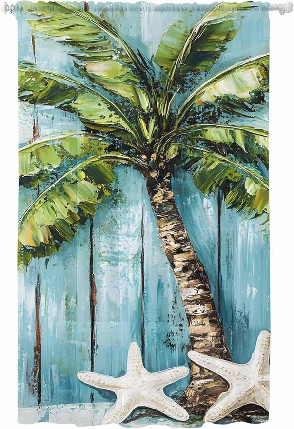 Sheer Curtains 84 Inches Long, Coastal Beach Starfish Semi Sheer Curtains Light