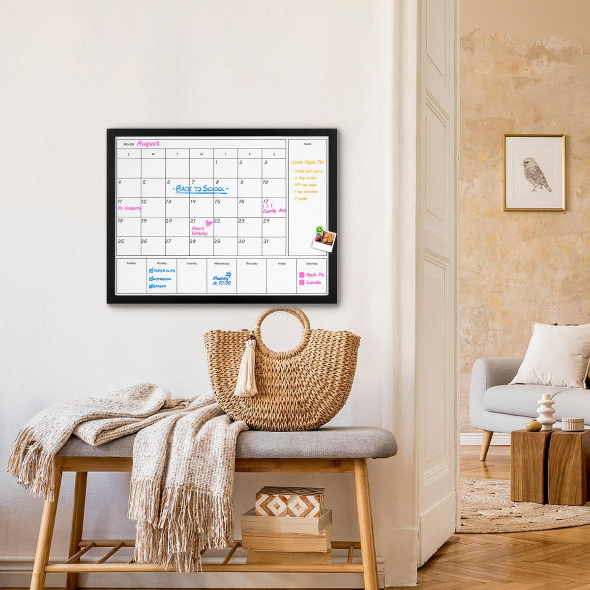 3-in-1 Dry Erase Calendar for Wall, 31.5x23.6 inches Magnetic Surface Monthly & Weekly Planner Whiteboard, Dry Erase Board with Black Wood Frame, Hanging White Board Calendar(YL+ZL-BK,6080)