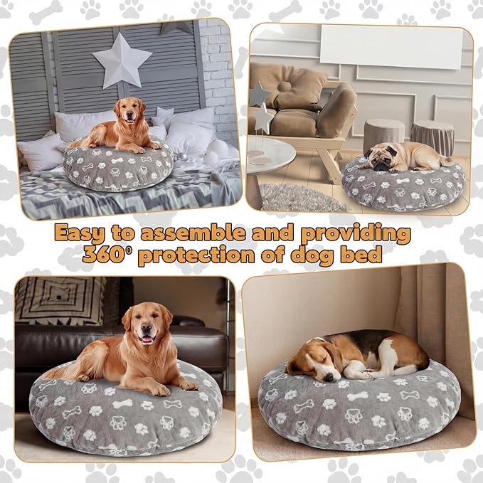 Oudain Washable Round Dog Bed Cover 45" x 45" x 11" Gray Paw Bone Prints Waterproof Dog Bed Cover Replacement for Round and Donut Dogs Beds Scratch Resistant Mattress Protector