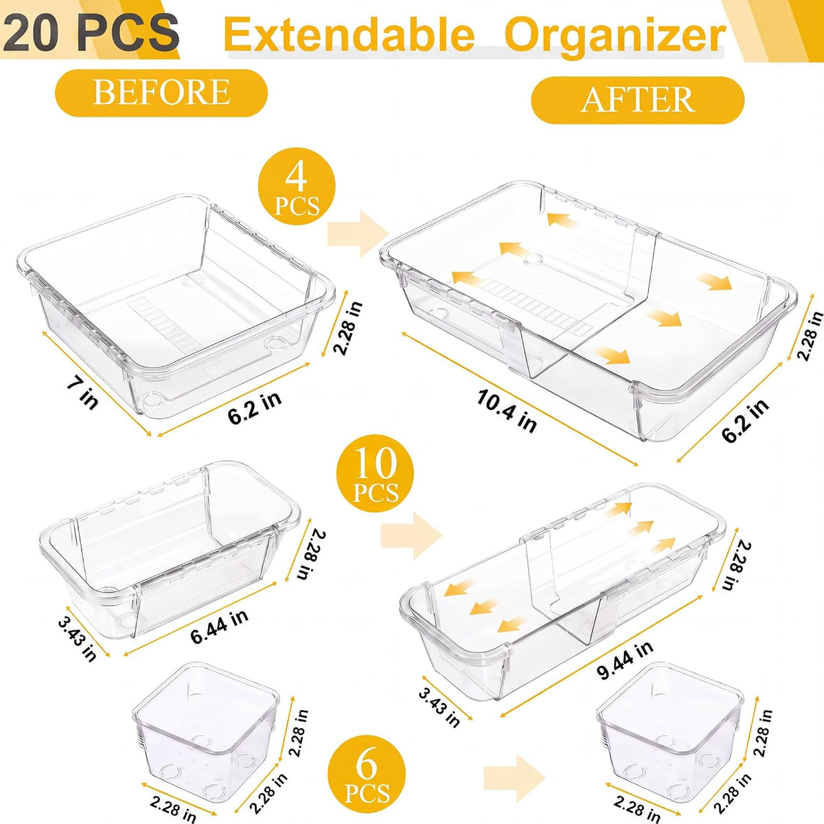 20 PCS Expandable Clear Drawer Organizers, 3-Size Extendable Drawer Dividers, Expanding Plastic Storage Box Arcrylic Storage Bins for Makeup Vanity Drawer Dresser Kitchen Utensils DIY Office Desk