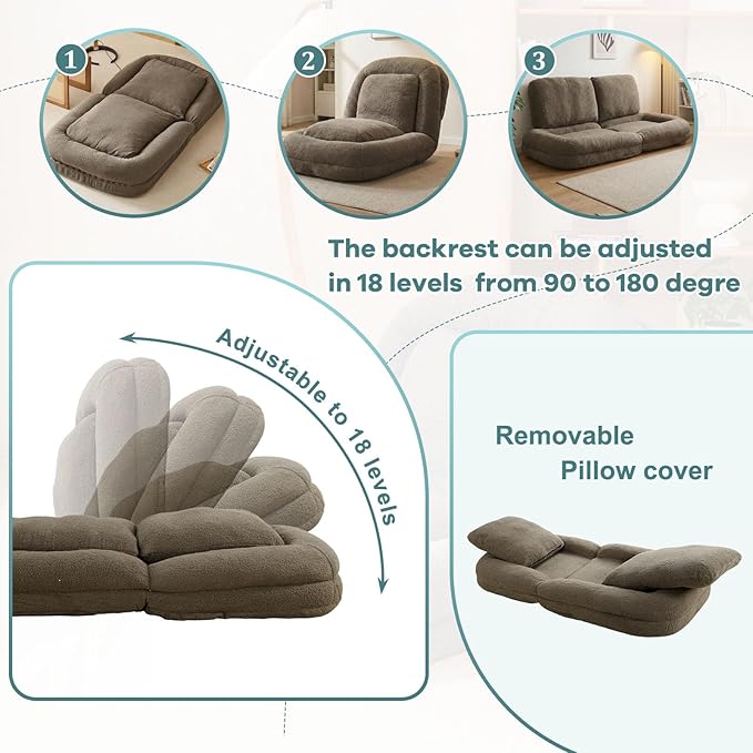 Human Dog Bed for Adults & Pets, 5-Position Adjustable Floor Chair, Convertible Lazy Sofa Bed with Metal Frame & 2 Pillows, Plush Gaming Lounge for Living Room Bedroom Office (Taupe)