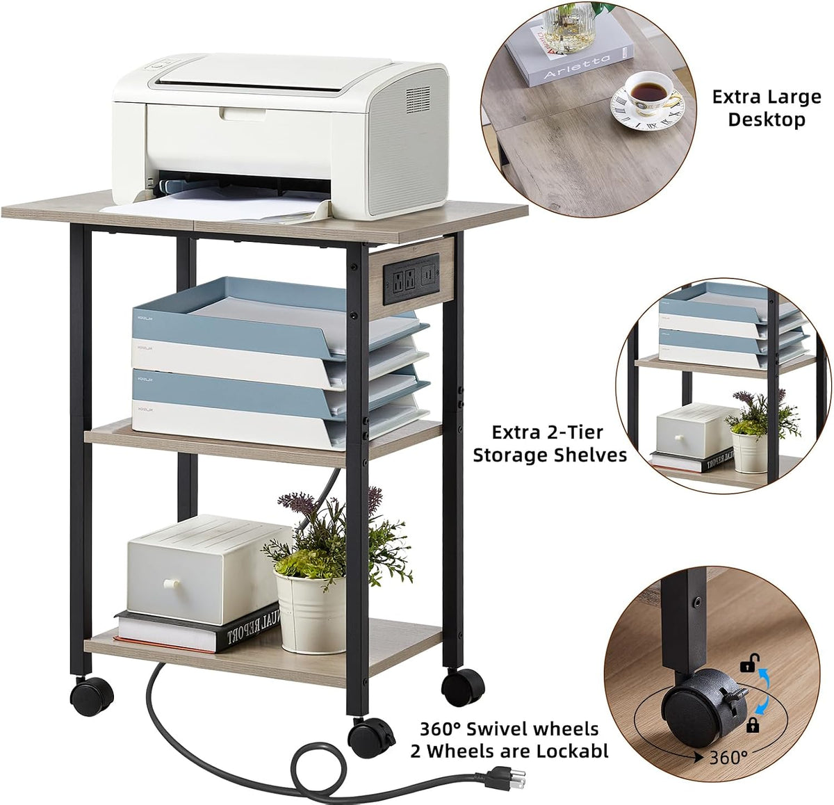 Lerliuo 3-Tier Printer Stand with Charging Station, Rolling Printer Table