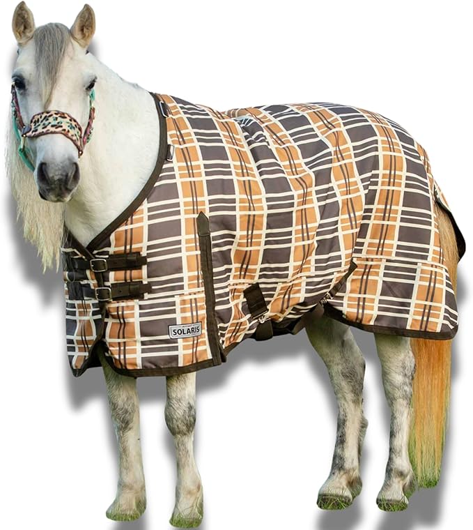 Jeffers Pony Poppins Solaris 1200 Denier Turnout Blanket Brown & Cream Plaid 66" - Waterproof, Breathable Horse Blanket with 0 gram Polyfill, No Insulation, Ideal Protection for Wind & Rain,