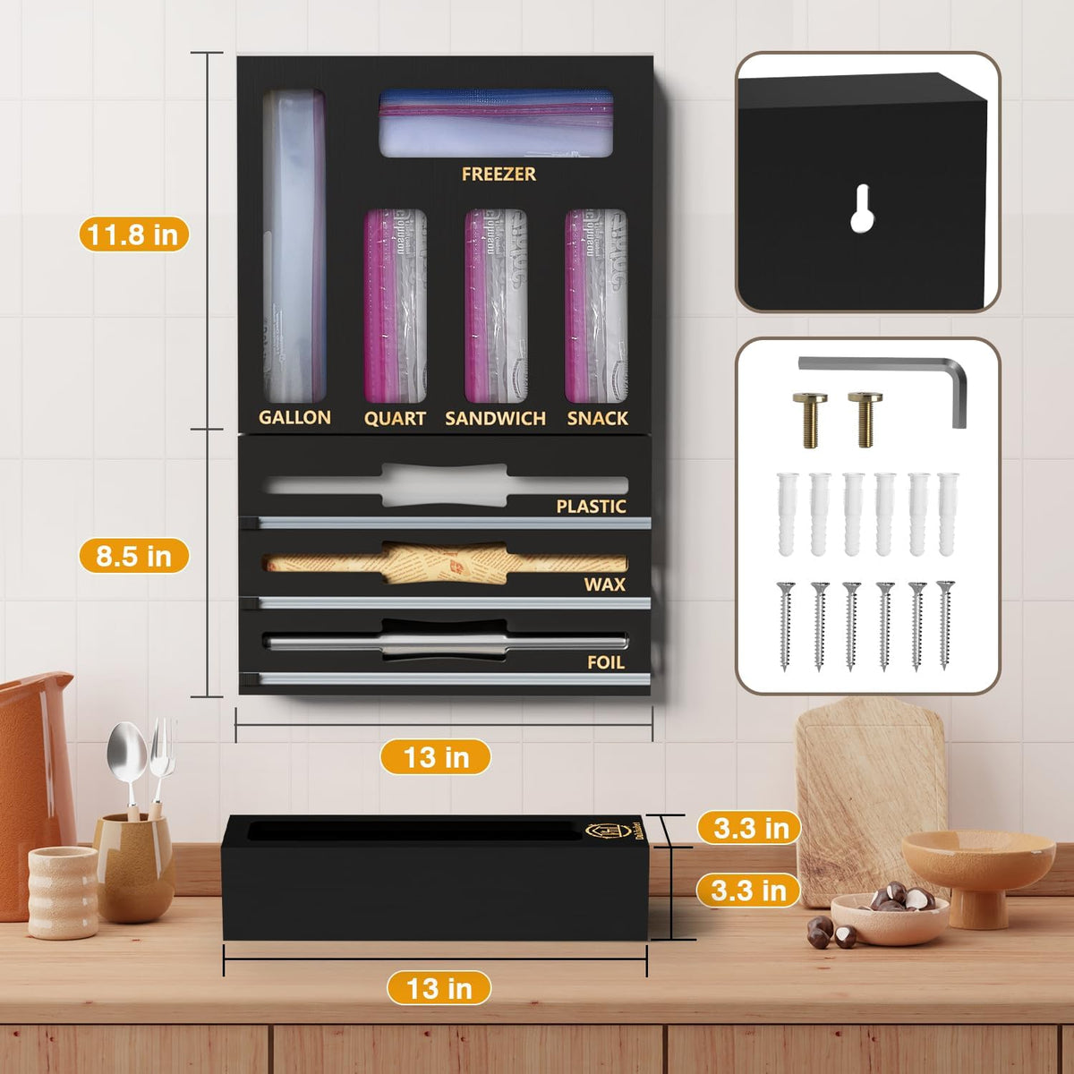 DALSHABET 9 IN1 Bamboo Storage Bag Drawer Organizer with Cutter, Foil and Plastic Wrap Dispenser for Kitchen Storage Compatible with All Brands Gallon, Quart, Sandwich & Snack Size Bags - Black