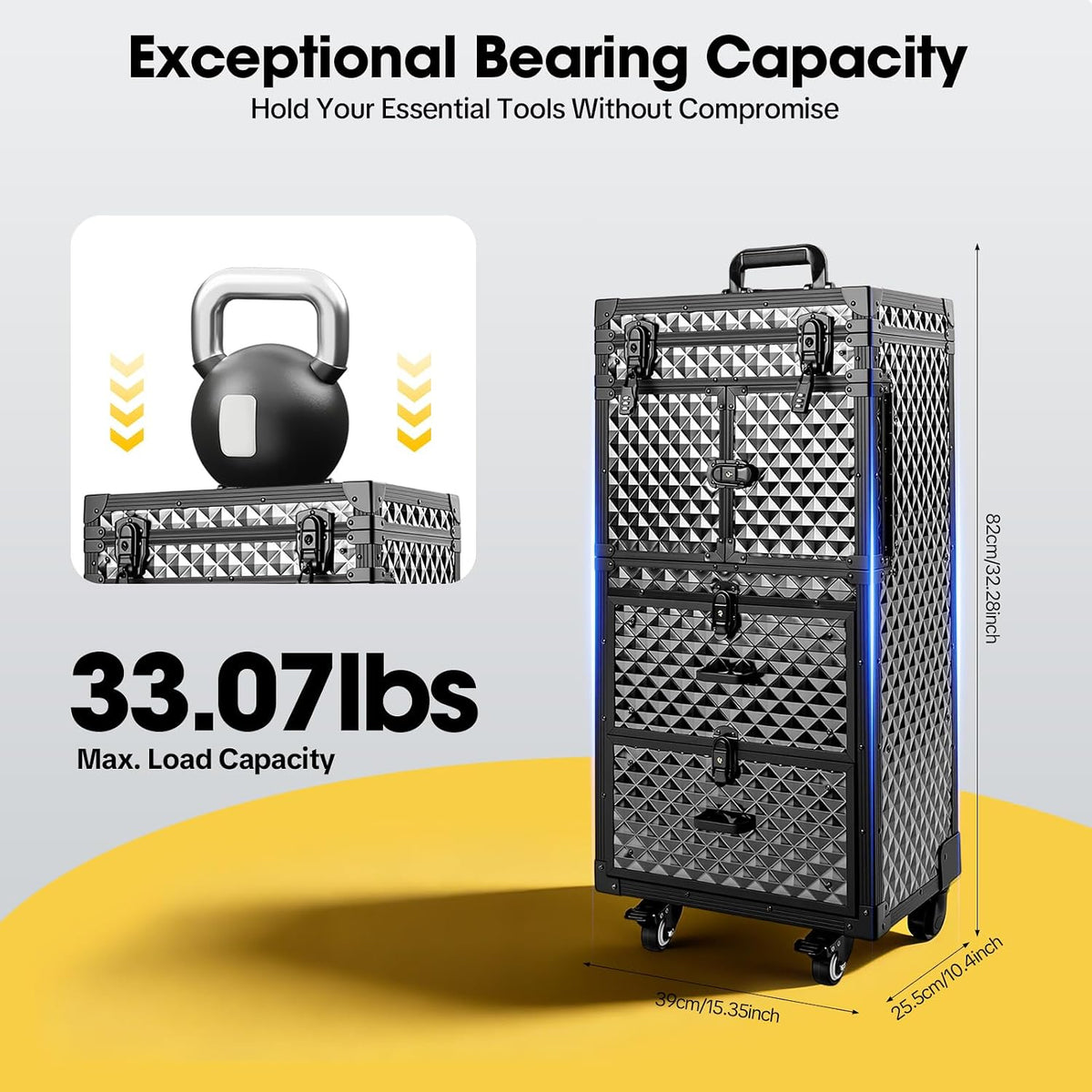 Rolling Makeup Train Case with Dual Password Locks, Aluminum Cosmetic Trolley Organizer with Wheels & Drawers, Professional Hair Stylist Barber Case for Salon Travel