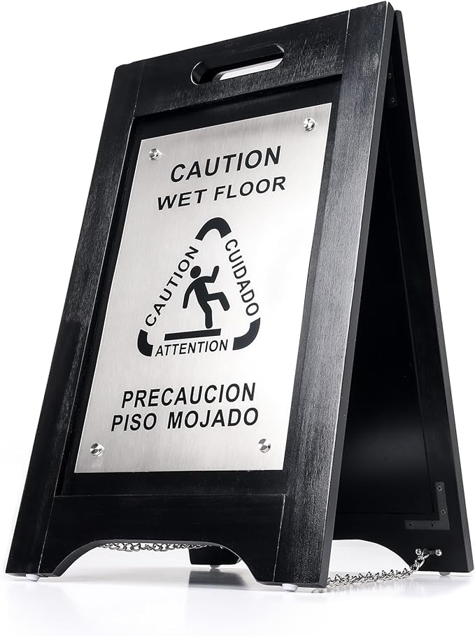 Premium Wooden Caution Wet Floor Sign – Bilingual w/ Non-Skid Plastic Feet – For Hotels, Schools, Offices, Areas, Restrooms, Pool Decks & Shops - Black Wood/Brushed Nickel Plate