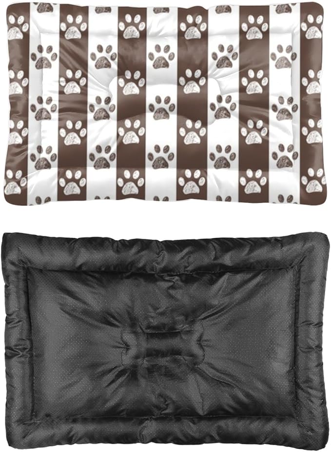 Brown Paw Print Stripes Dogs Bed Furniture Dog Crate Mat Dog Bed Pads for Crates Crate Washable Non-Slip Beds for Crates Beds Medium Dogs Mat Kennel Accessories Indoor Outdoor 36X24 Inch