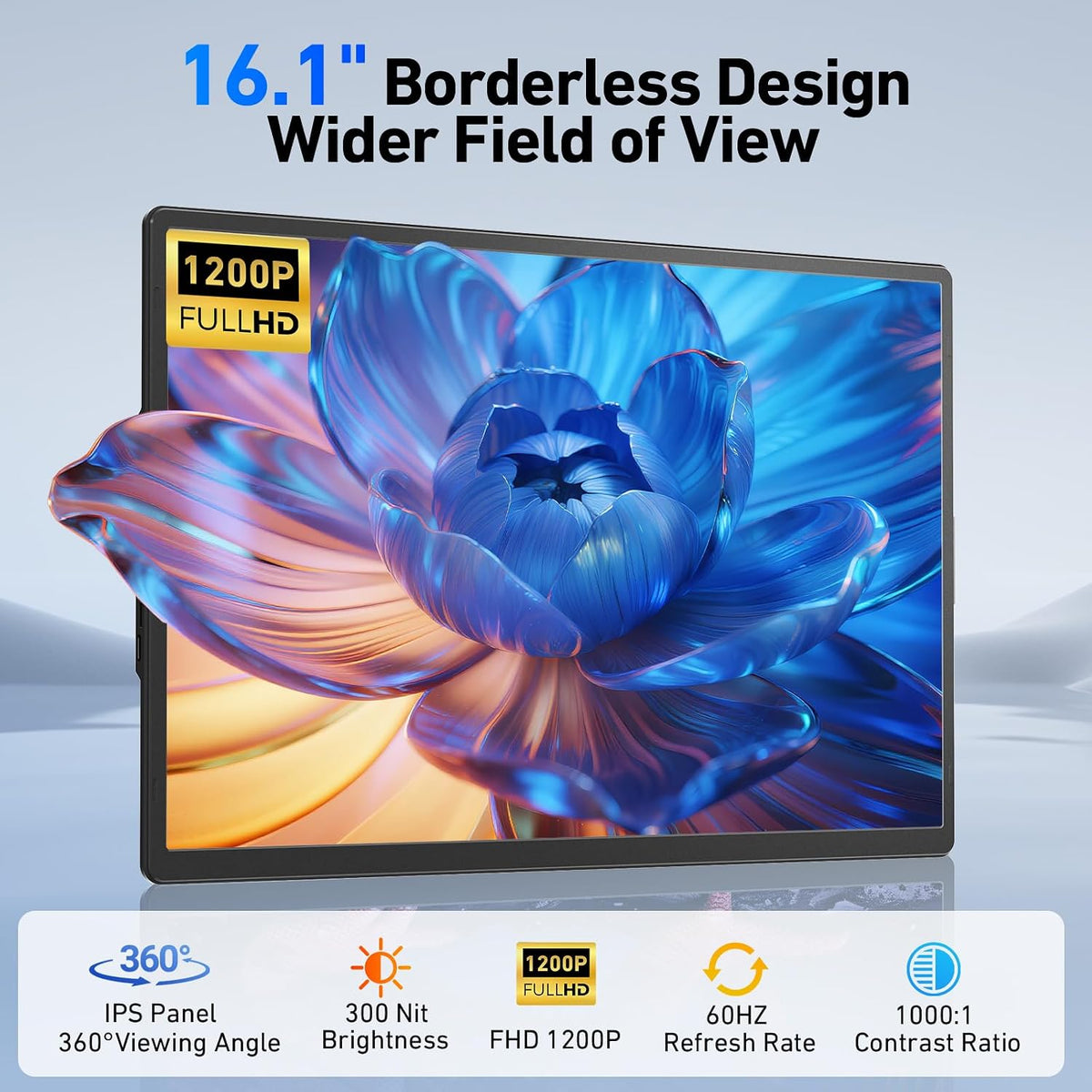 16'' Laptop Screen Extender, 360° Rotating Detachable Stand/VESA Support, FHD 1200P IPS Portable Monitor, Plug & Play with HDMI/USB-A/Type-C, Compatible Win/Mac/Android