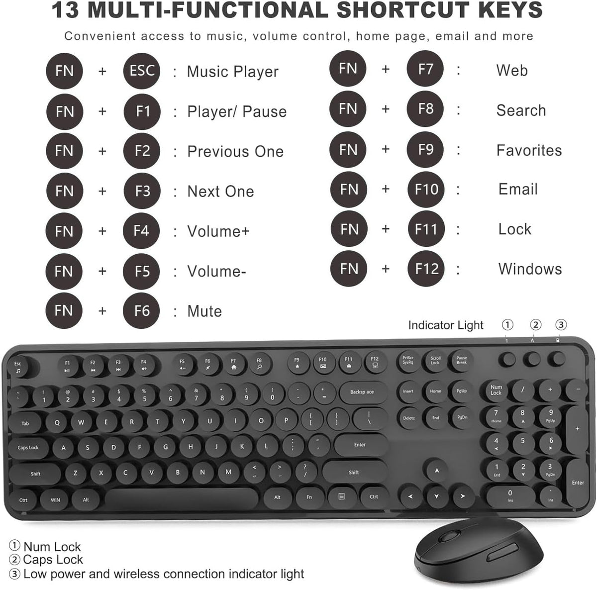 Wireless Keyboard and Mouse Combo, Retro Typewriter Style Keyboard with Round Keycaps, 2.4GHz Dropout-Free Connection Mouse with,Computer PC Desktops Laptop WindowsxP/7/8/10 (Black)