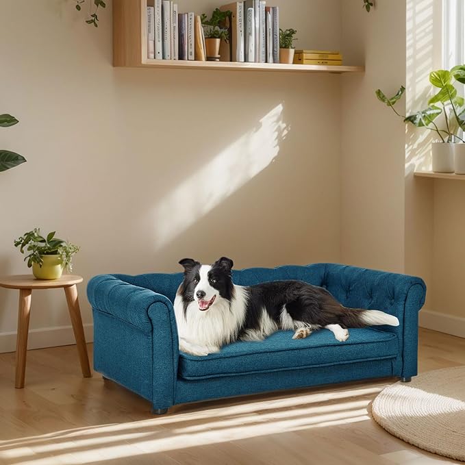 Elevated Dog Sofa with Backrest and Armrests, Button Tufted Pet Bed with Soft Cushion for Medium Dogs, Stylish Lounging Bed Pet Couch Chair for 60Lbs Dog, Blue