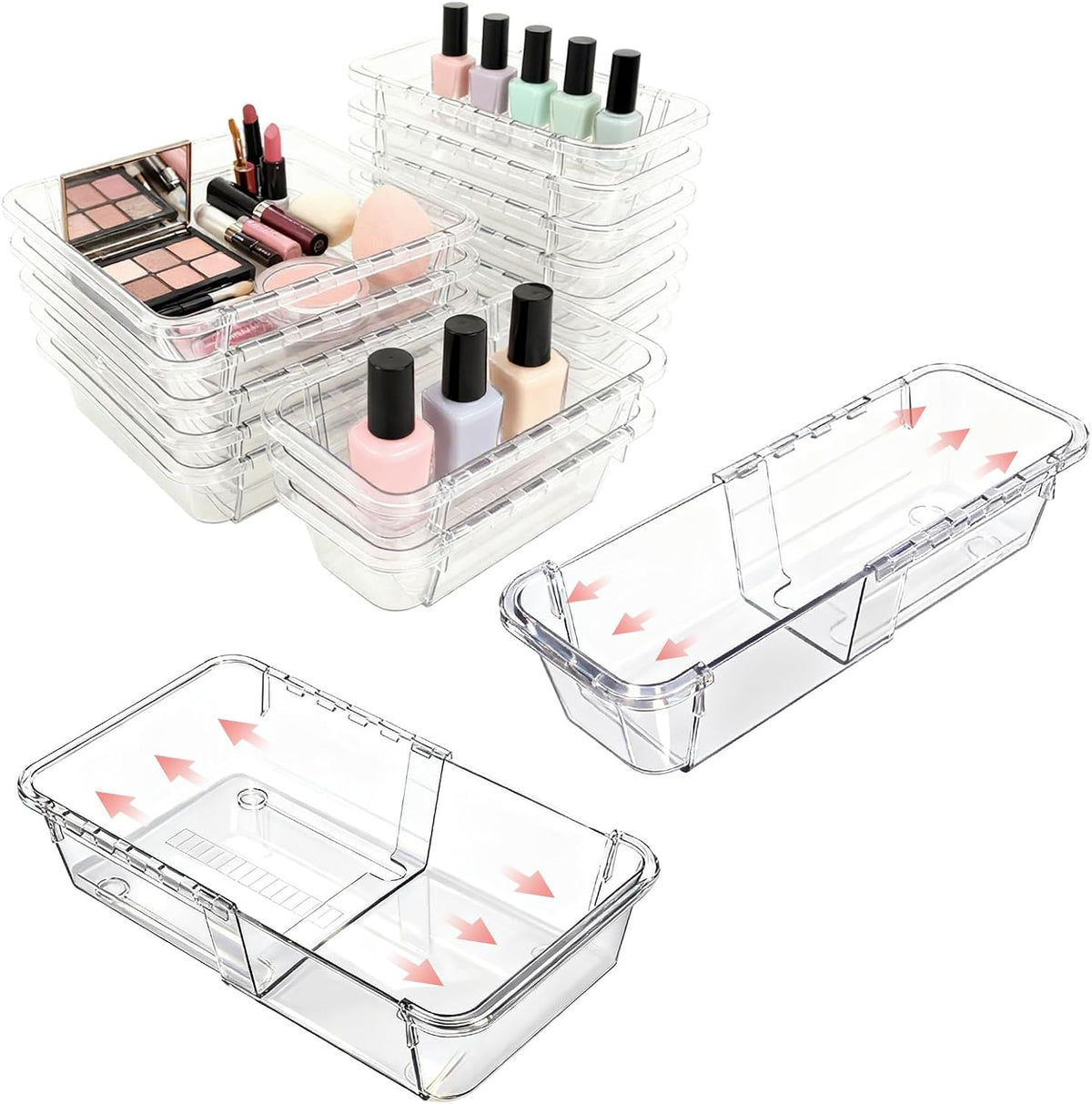 15 Pcs Clear Expandable Drawer Organizer Tray Adjustable Drawer Storage Bin