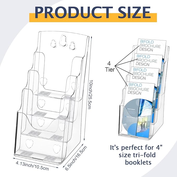 Crtiin 2 Pack 4 Tier Acrylic Brochure Holder Display Stand 4 x 9 Inch, Pamphlet Organizer Flyer Literature Clear Plastic Wall Mount Countertop for Classroom Booklets Magazines Office Home(4 x 9 Inch)