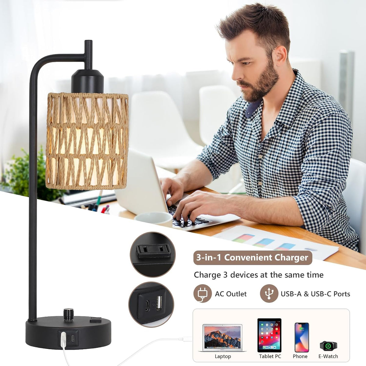 Rattan Table Lamps for Living Room Set of 2, Boho Bedside Lamps with LED Bulbs, USB Charging Ports and Outlet, Farmhouse Nightstand Lamp with Woven Shade, Black Desk Lamp for Bedroom Office