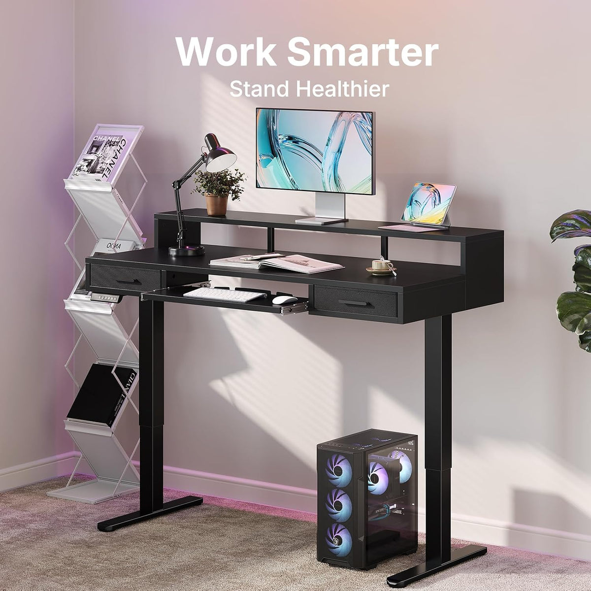 HUANUO 55″ X 26″ Electric Standing Desk with 2 Drawers &24.4″ Large Keyboard Tray, C-Clamp Mount Compatible, Adjustable Computer Desk for Office, Sit Stand Up Desk with 4 Height Presets, Black