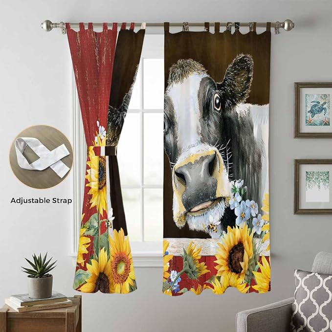Cows Sunflowers Living Room Curtains 84 Inch Length, Window Curtains Tab Top