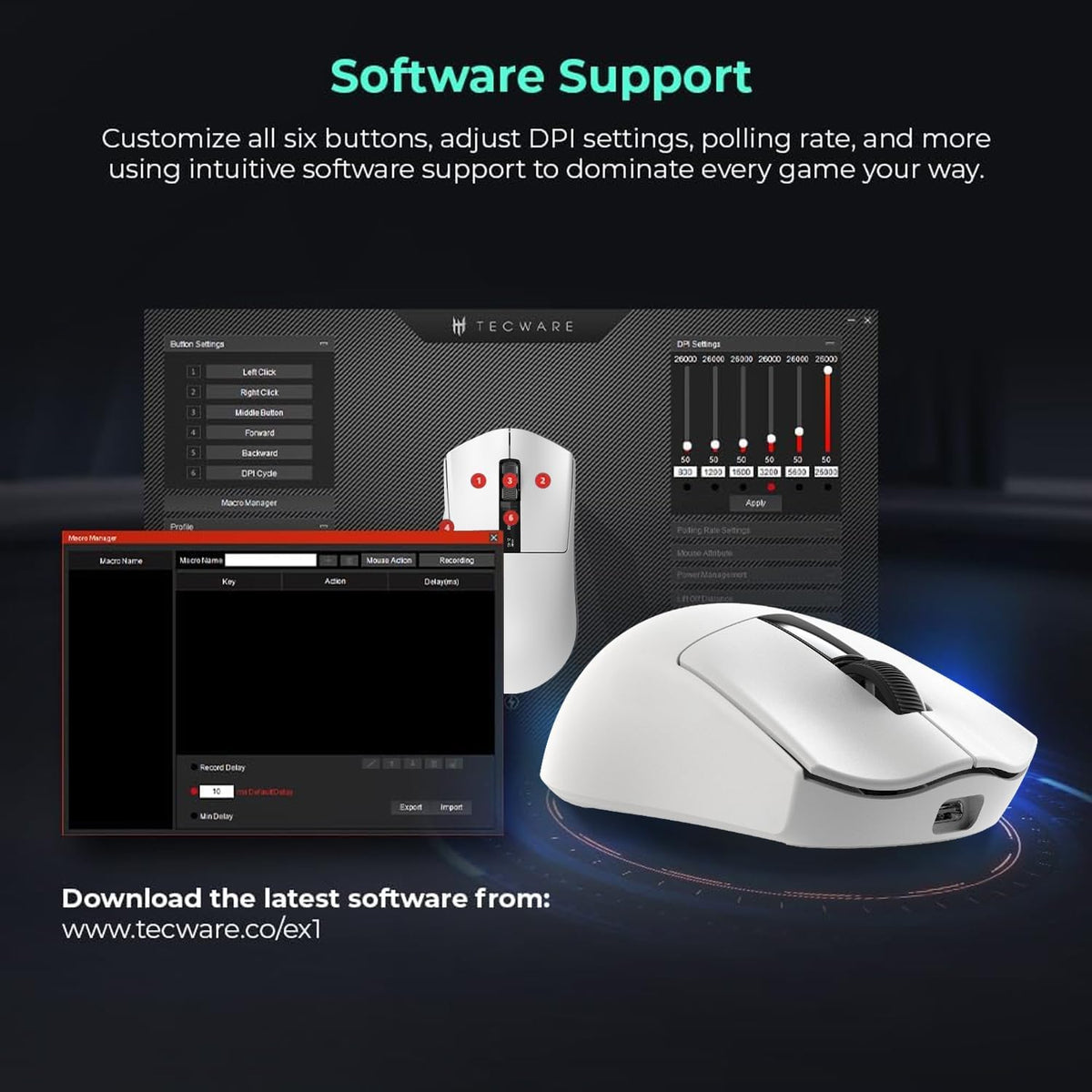 TECWARE EX1 Lightweight Gaming Mouse | 26K DPI Wireless Mouse with OLED Display | 59g Ultra-Light Design | RGB Charging Dock | Tri-Mode Connectivity 2.4GHz/Bluetooth/Wired with Grip Tape | White