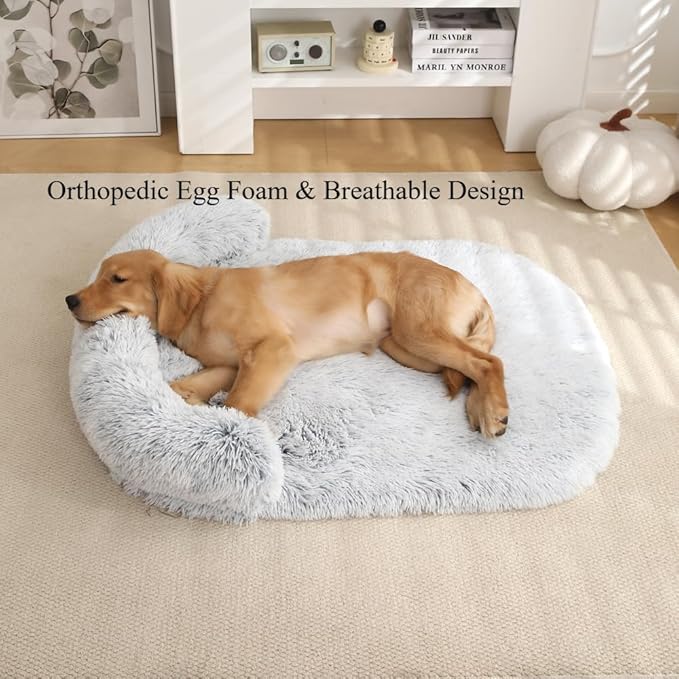 Calming Dog Bed - Fluffy Plush Mat with Removable Washable Cover | Furniture Protector for Large Dogs & Cats(White,21.65X15.75X4.33in)