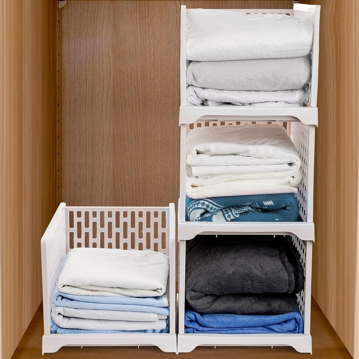 AVLA 4 Pack 38" Stackable Plastic Storage Basket, Plastic Foldable Closet Organizer Storage Bins, Wardrobe Storage Box Clothes Drawer Shelf Container for Cupboard Bedroom Dorm Bathroom Kitchen Office