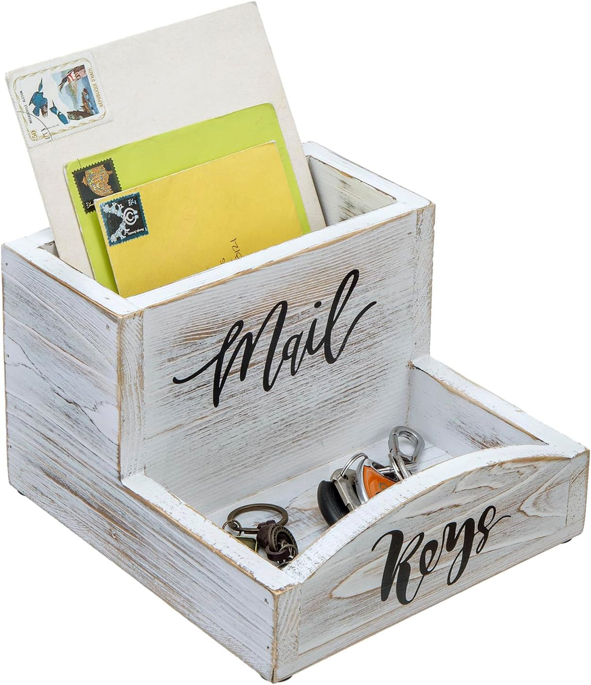MyGift Whitewashed Wood Mail & Key Holder, Rustic Entryway Organizer