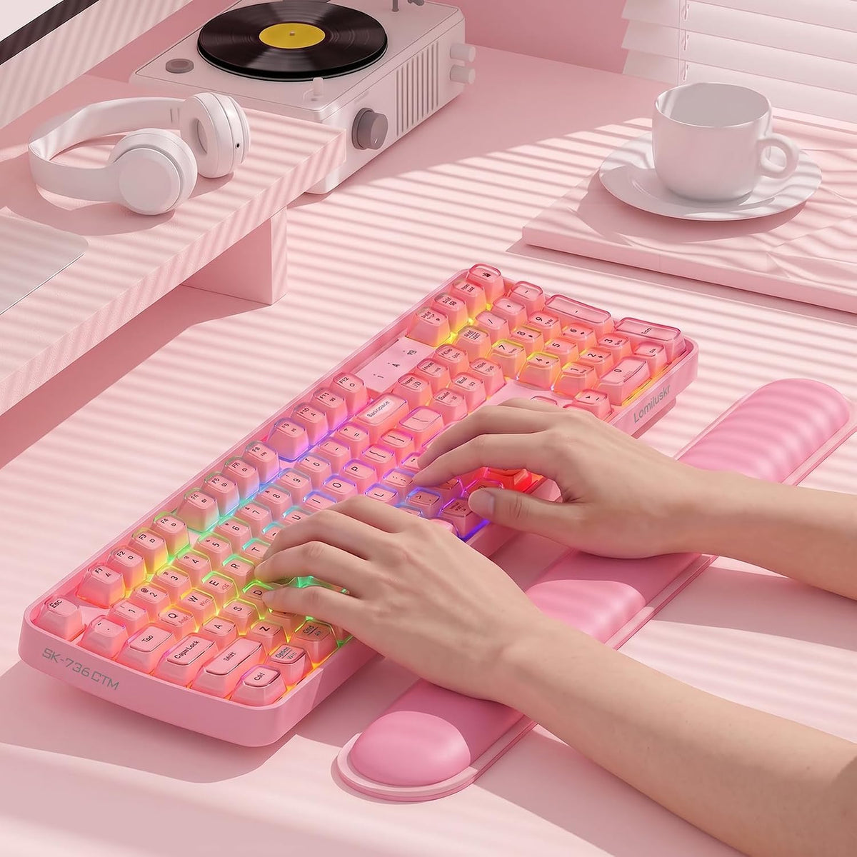 Lomiluskr RGB Arc Wireless Keyboard, BT/2.4G/Wired Tri-Mode, Full Size Crystal Texture Translucent Jelly Keycaps, 2000mAh Rechargeable, Compatible with PC/Notebook/Tablet/Smartphone (Pink)
