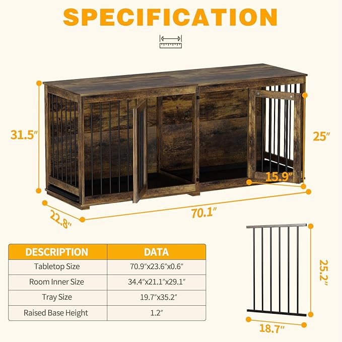 Large Funiture Style Dog Crate for 2 Dogs, 70" Wooden Dog Kennel Furniture with Removable Divider & 2 Trays, Indoor Heavy Duty Dog House w/Double Rooms for Large Medium Dogs, Brown