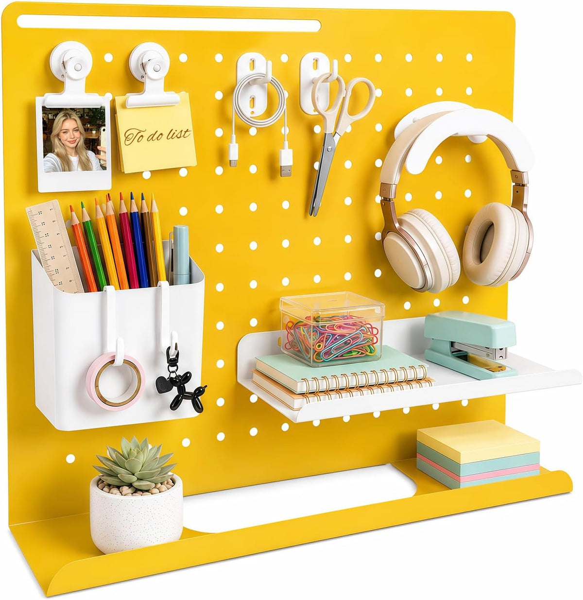 Metal Desk Pegboard Organizer, No Drill Modular Storage Kit 10 Accessories 15.8x11.8in White Yellow for Office Vanity
