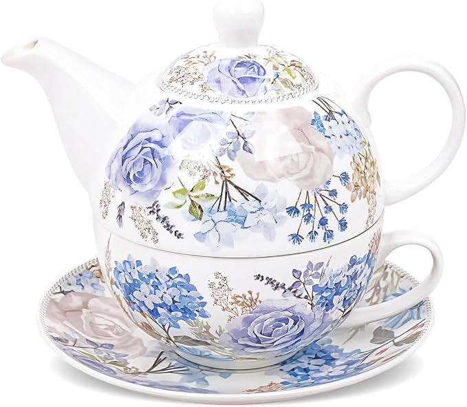 fanquare Blue and Purple Roses and Hydrangeas Porcelain Tea