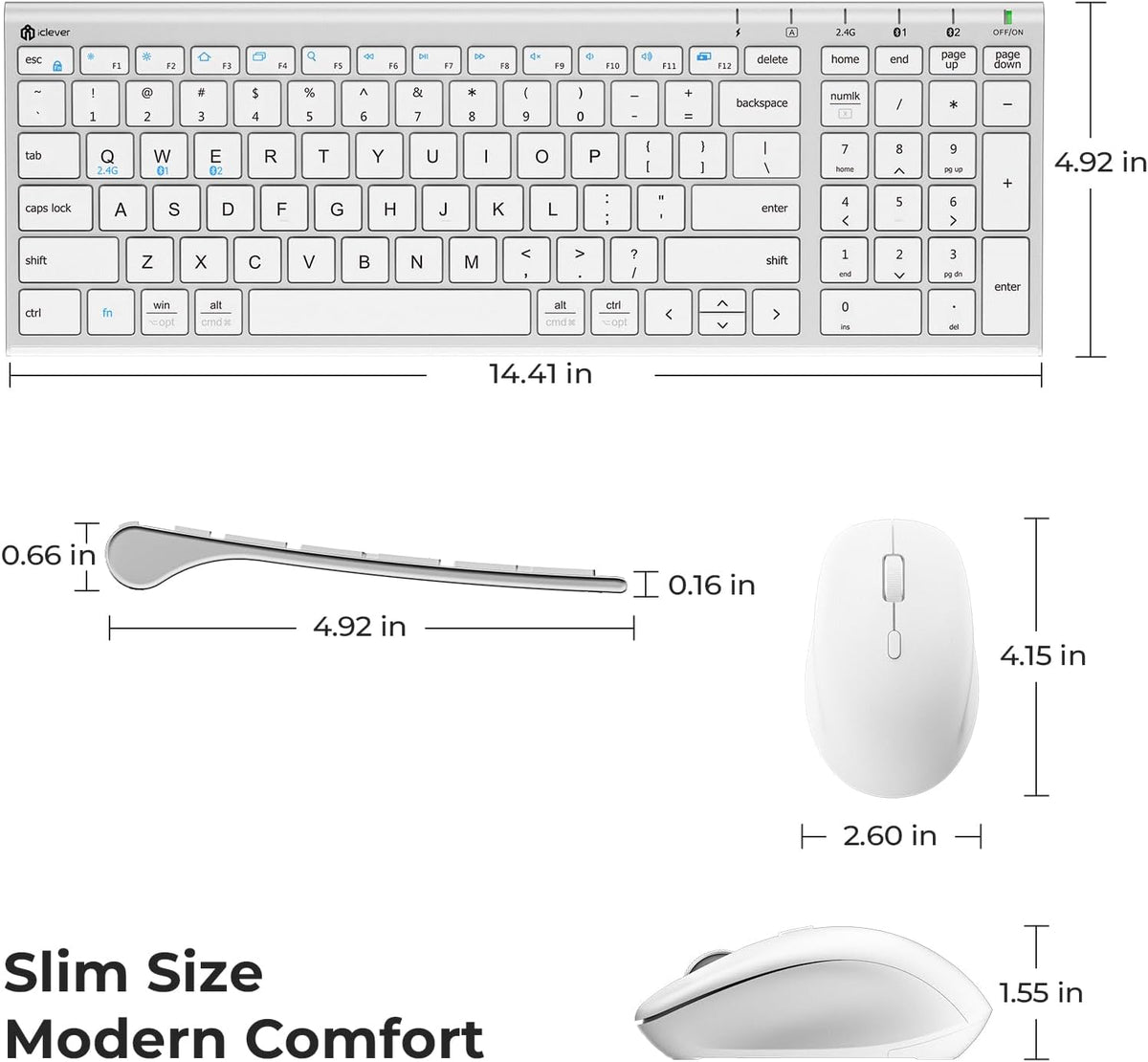 iClever DK05 Bluetooth Wireless Keyboard and Mouse Combo, Silver White