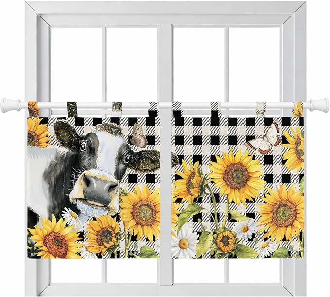 Retro Sunflowers Kitchen Curtains 24 Inch Length, Small Window Curtains Tab Top