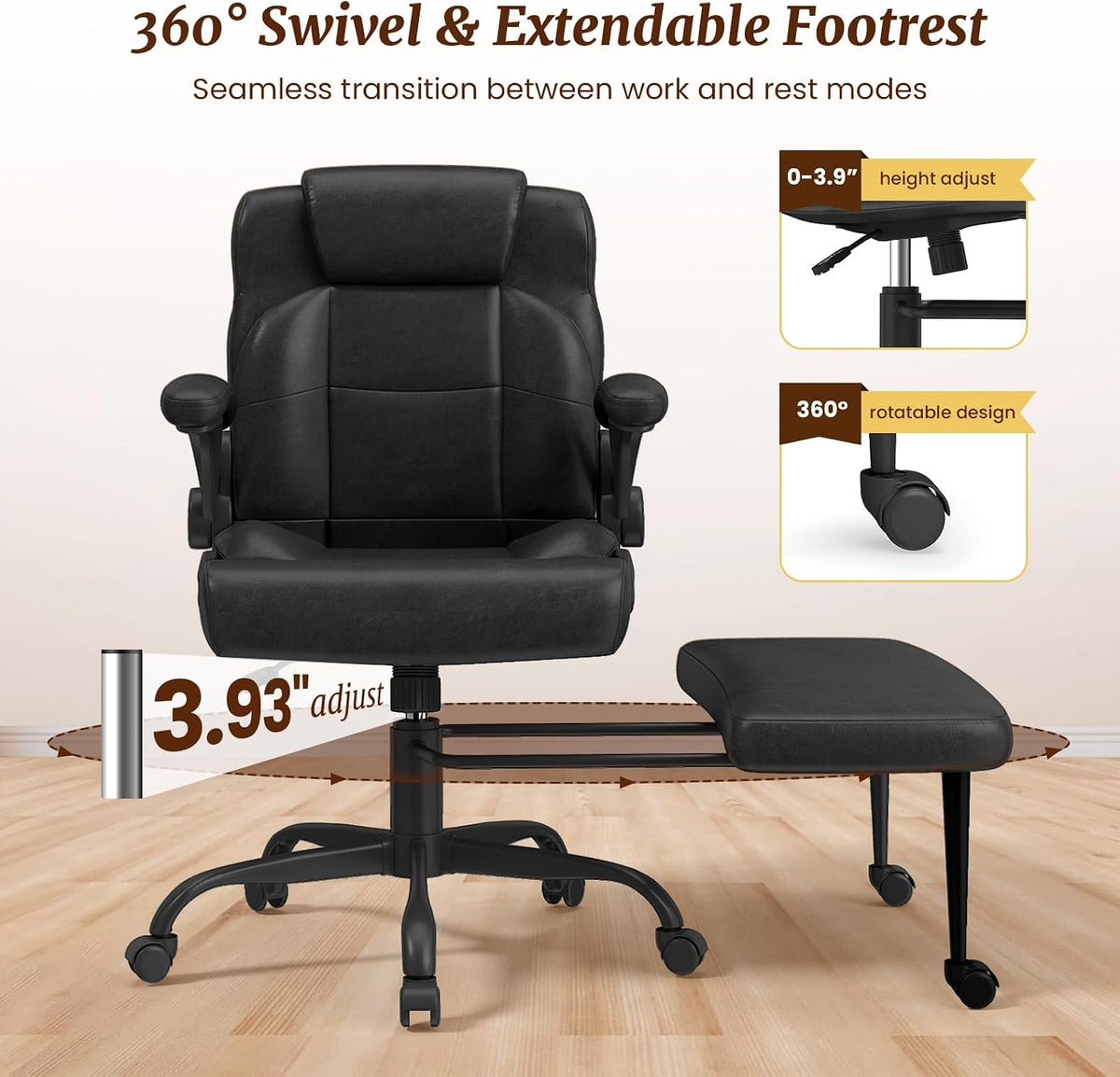 Cross Legged Office Chair with Arms, Wide Criss Cross Chair with Wheels, 360° Rotating Footrest, Height Adjustable Swivel Chair for ADHD, Heavy Duty Ergonomic Office Chair for Home Office Relaxing