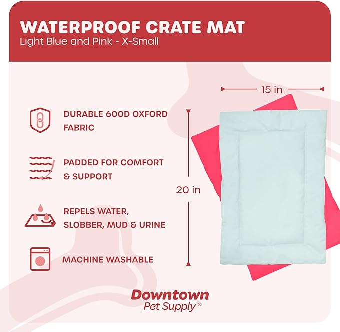 Downtown Pet Supply Dog Crate Pad, 20" x 15" - Waterproof, Ripstop Nylon Dog Crate Mat Chew Proof and Machine Washable - Light Blue and Pink - XS
