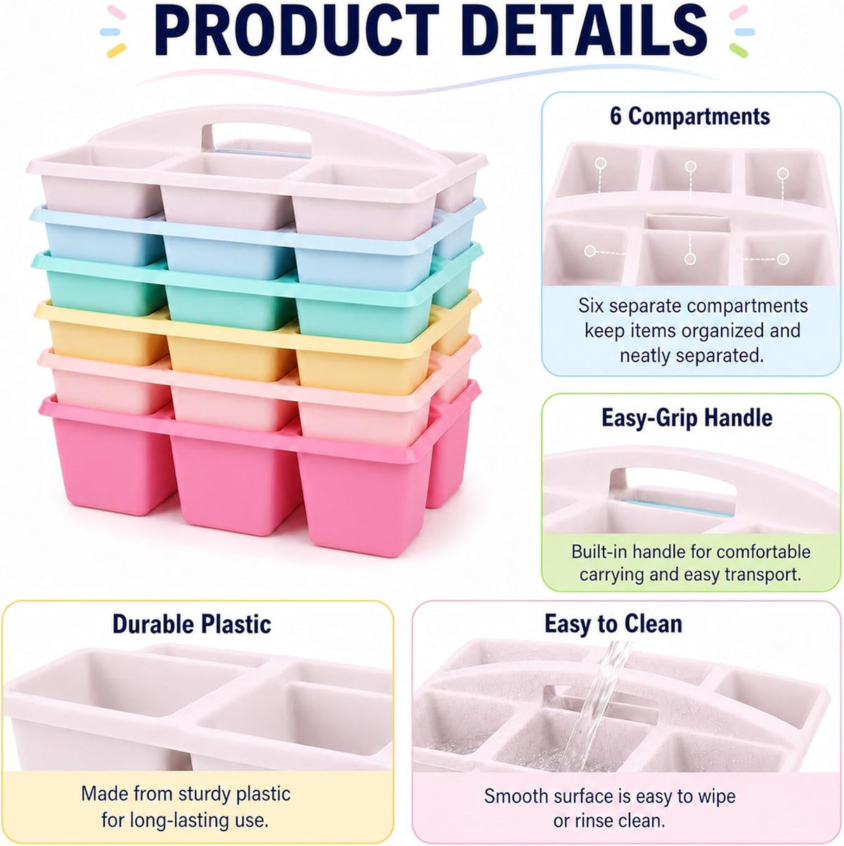 6 Pack Classroom Caddy with Handle, 6 Compartment (Pink Purple)