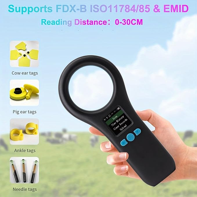 Pet Microchip Scanner, ISO11784/85/FDX-B/EMID Handheld Animal Micro Chip Reader 134.2KHz/125KHz Rechargeable Pet ID Scanner with 500 Data Storage for Dog/Cat/Pig/Animal (Black)