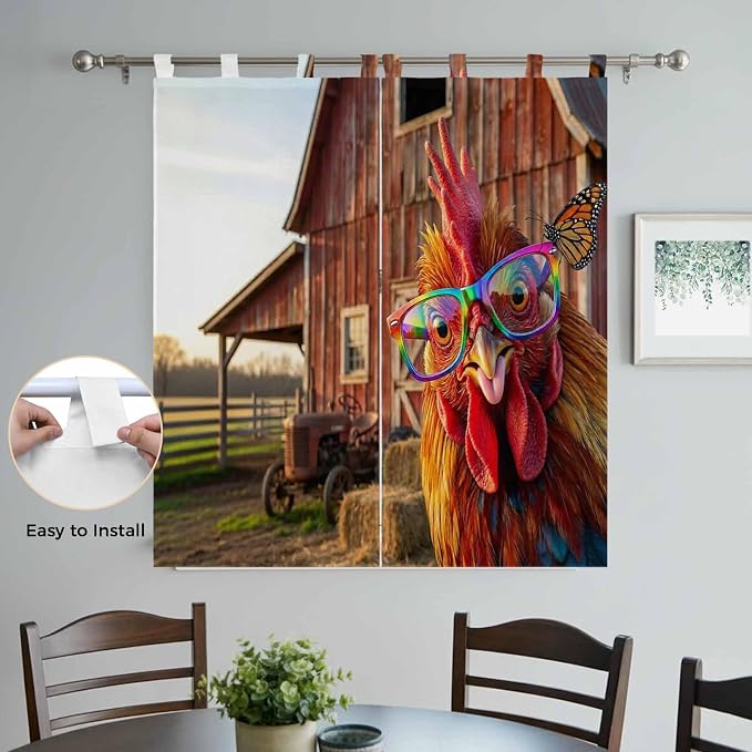 Farm Rooster Bedroom Curtains 72 Inch Length, Window Curtains Tab Top,