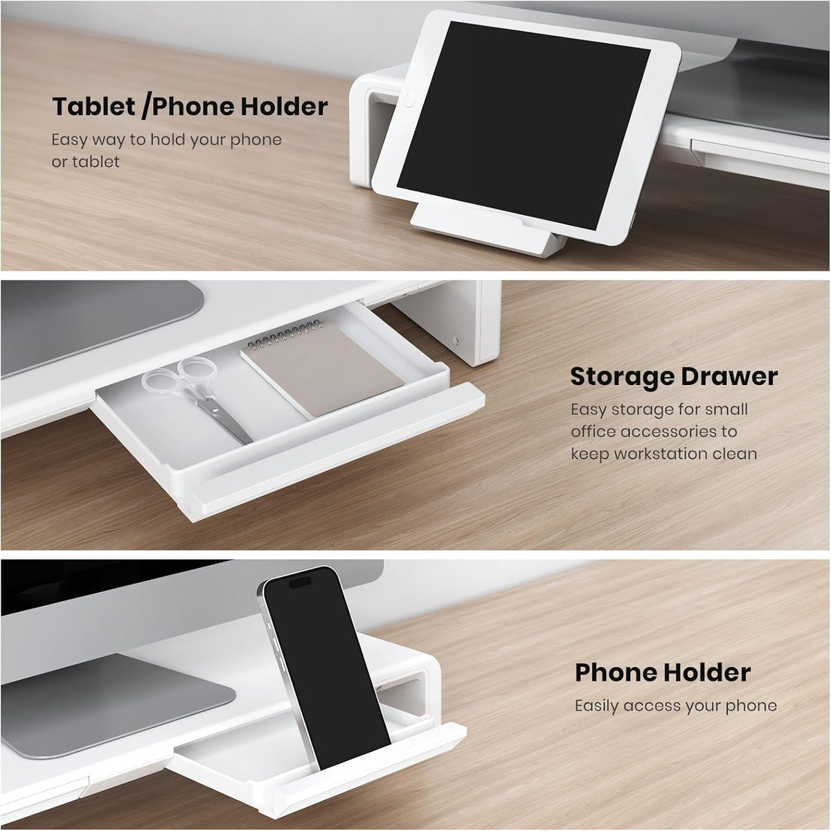 Monitor Stand Riser, Klearlook Foldable Computer Monitor Riser, Height Adjustable Computer Stand, Desk Shelf Riser with Storage Drawer & Tablet Phone Stand for Computer, Desktop, Laptop (White 2 Pack)