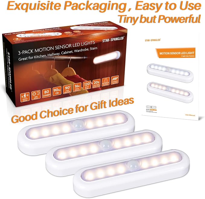 STAR-SPANGLED 3 Pack 7” Motion Sensor Lights Indoor Battery Operated, Stick on