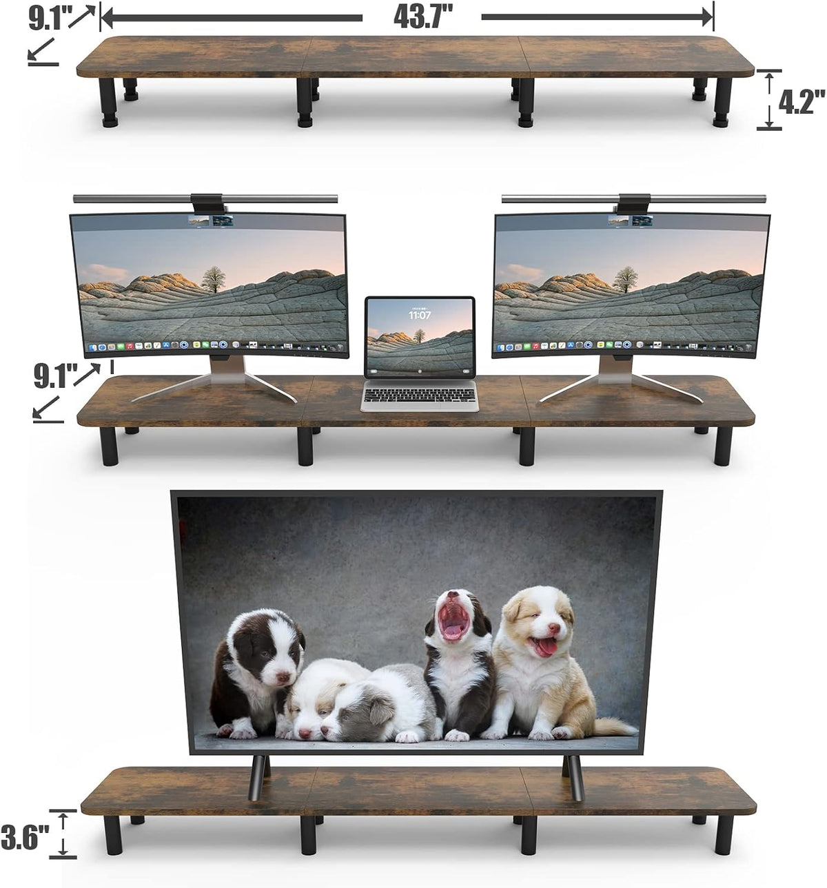 Dual Monitor Stand - 43.7 inch Extra Long Wide TV Stand - Wood & Steel Leg Desktop Riser - Desk Organization - Home Office (Vintage)