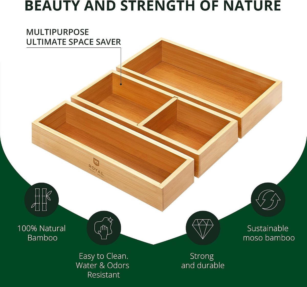 ROYAL CRAFT WOOD Luxury Bamboo Drawer Organizer Storage Box, Bin Set - Multi-Use Drawer Organizer for Kitchen, Bathroom, Office Desk, Makeup, Jewelry (3 Boxes)
